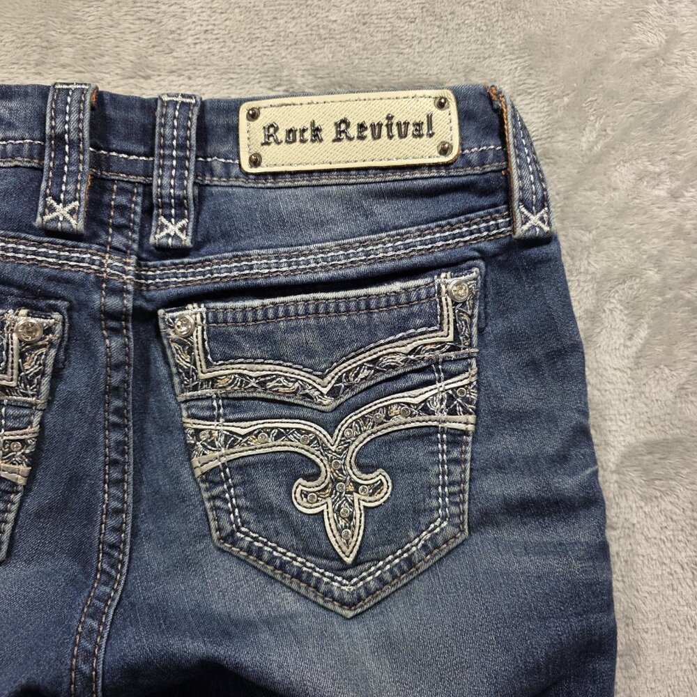 Rock Revival Jeans Womens 27 Blue Piera Skinny Raw Hem Embroidered Fleur de Lis - Picture 6 of 11